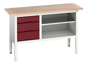 16923012.** verso adj. height storage bench (mpx) with 3 drawer cab / mid shelf. WxDxH: 1500x600x830-930mm. RAL 7035/5010 or selected